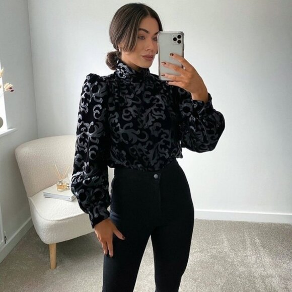 Zara Black Combination Velvet Baroque High Neck Faux Leather Blouse Small NWT - Picture 1 of 16